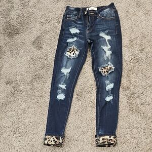 Distressed Blue Jeans with Leopard Accents